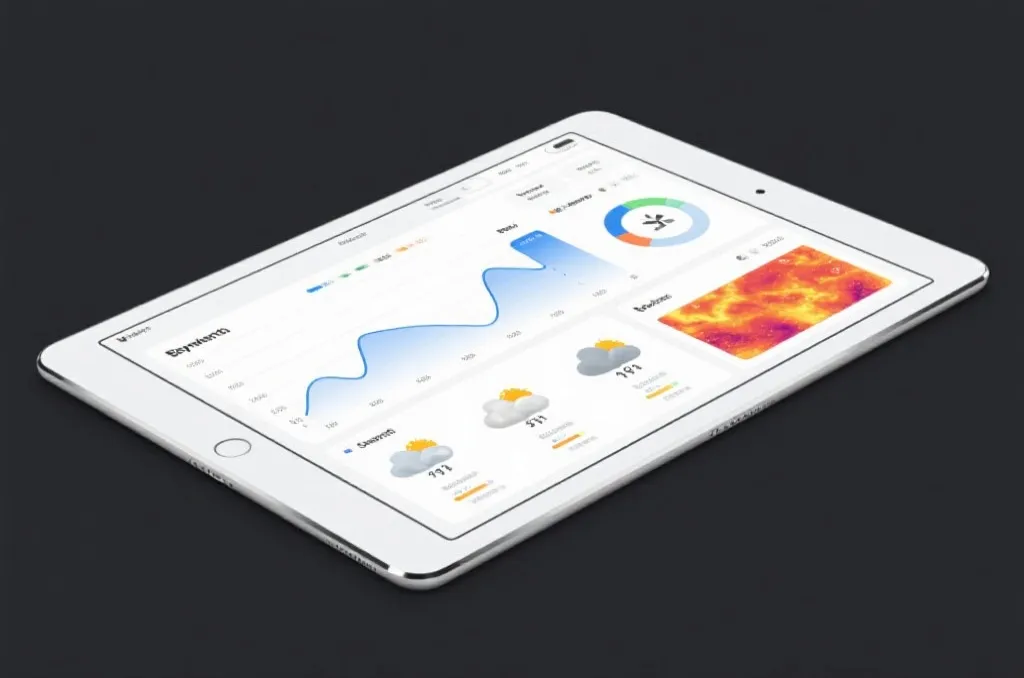 A clean sports analytics dashboard on a tablet, displaying abstract performance graphs, weather icons, and heat maps, no text or logos